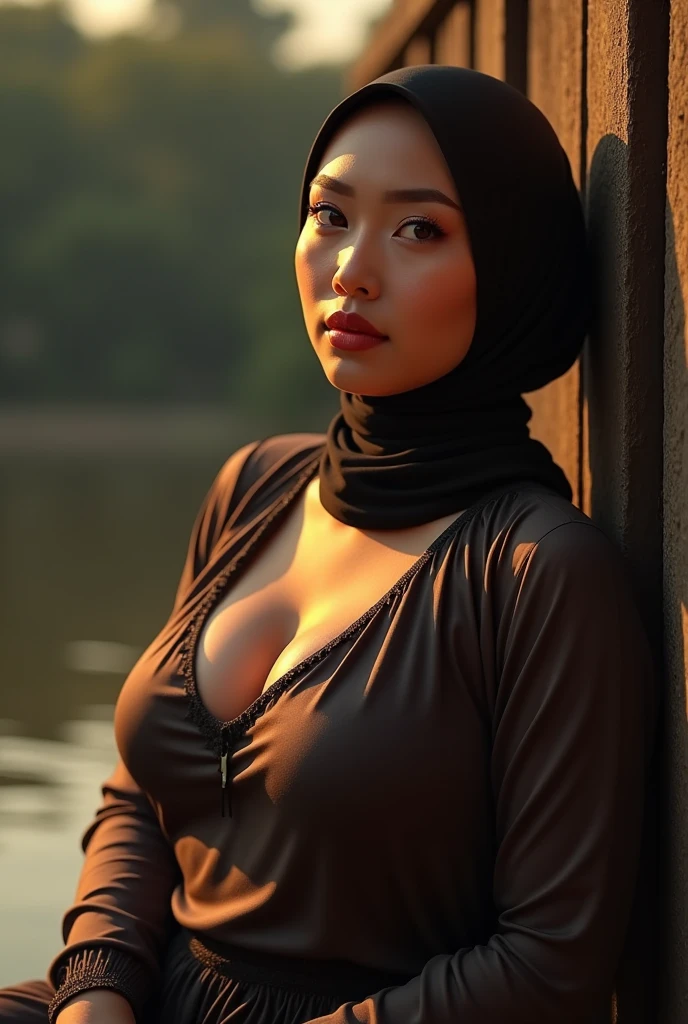 (photo realistic:1.4), (hyper realistic:1.4), (realistic:1.3), (smoother lighting:1.05), (increase cinematic lighting quality:0.9), 32K, 1girl, 30yearsold indonesian woman, LARGE BREAST, wear hijab, tight longsleeve t-shirt, silk culloutte, high heels, sitting leaning against the riverside fence, realistic lighting, backlighting, light on face, ray trace, (brightening light:1.2), (Increase quality:1.4), (best quality real texture skin:1.4), finely detailed eyes, finely detailed face, finely quality eyes, (sensual and seductive expression:0.0), (Increase body line mood:1.1), (Increase skin texture beauty:1.1)