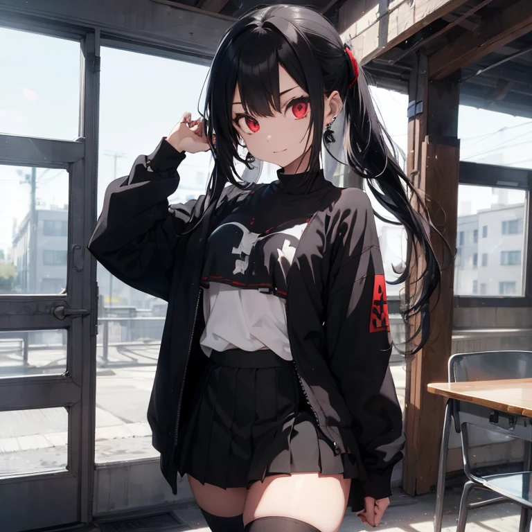 1 female, teen, emo long hair, black lip, big chest, legs, emo long sleeve shirt, emo mini skirt, emo earrings, school, red eyes