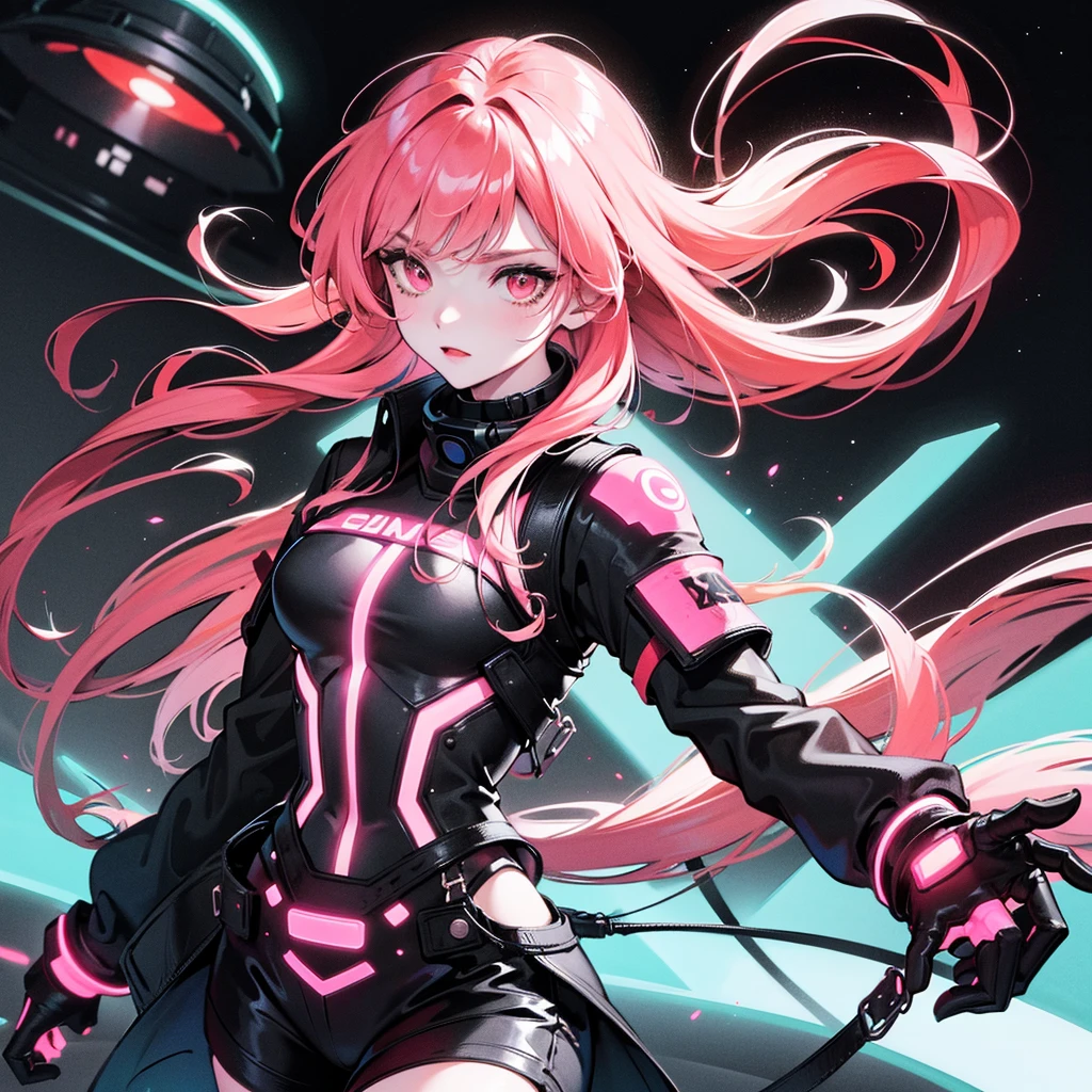 Woman with long pink hair, night, neon, UFO, , Galaxy Background, neon lights, Black clothes with LEDs, 4K
