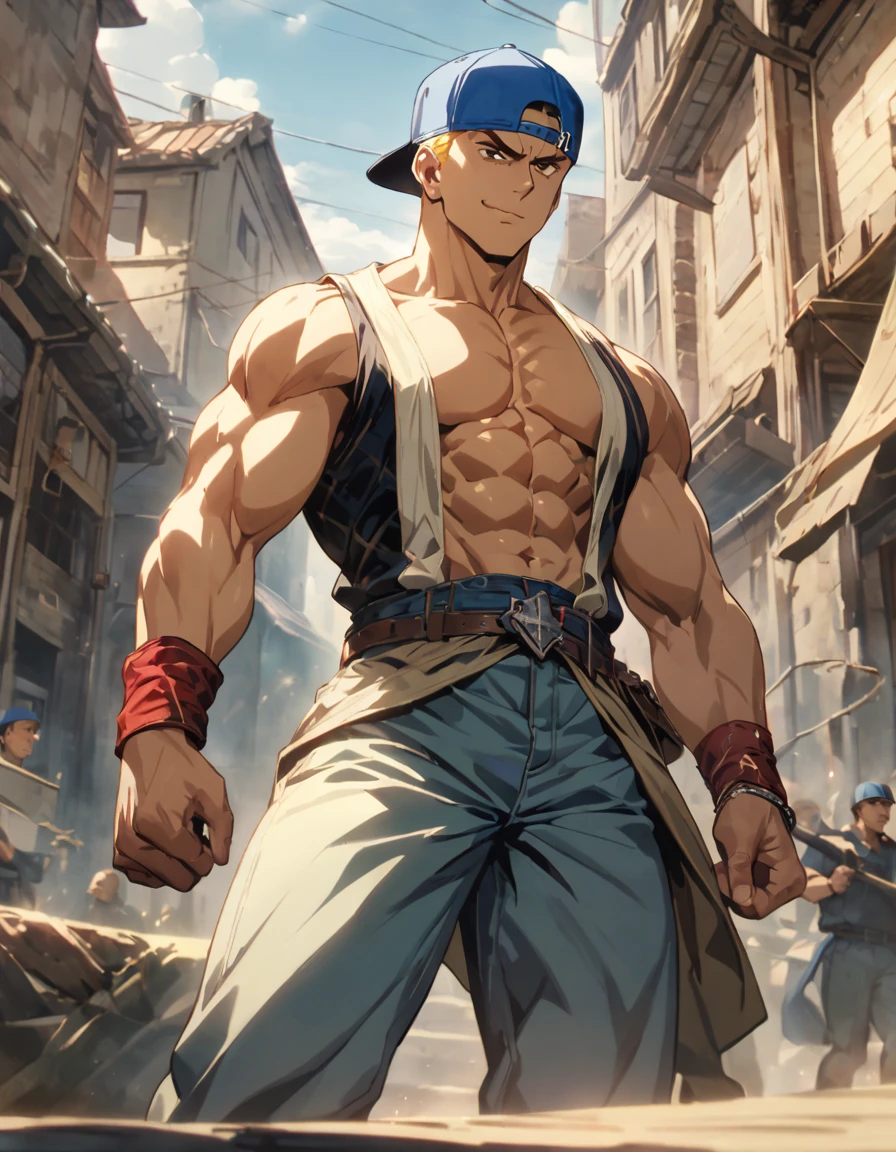 score_9, score_8_up, score_7_up, source_anime, rating_safe, score_6_up, score_5_up, score_4_up, BREAK 1man, naughty heroic guy in fighting game, great muscular, crewcut, solid thug, gallant yankee, blond hair, brown eyes, BREAK sharp eyes, thick abs, sanpaku, abs, BREAK backwards hat, blue cap, open shirt, cropped shirt, red collared shirt, sleeveless shirt, brown plaid shirt, jeans, red wristbands, BREAK >:>, smug, cool emotion, toned body, BREAK solo, upperlegs, dynamic expression, game keyvisual, 1990s, in capcom art style, in nitroplus style, BREAK depth of field, dutch angle, cinematic shadows, cinematic lighting, lens flare, light leaks, texture, absurdres absolutely resolution, extreme all detailed, greatest painting, BREAK masterpiece, best quality