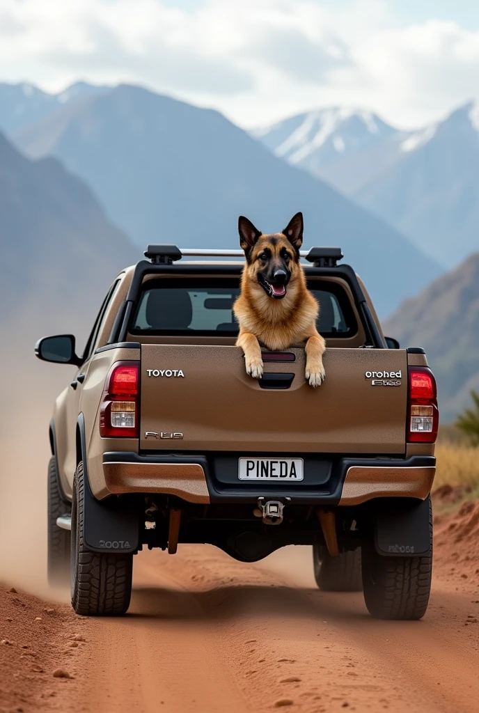 Create a white Toyota Hilux, that the license plate holder says "PINEDA" And in the back I carried the rolban and a German shepherd dog with fully tinted windows and a rough appearance, with a background a mountain on a dirt road
