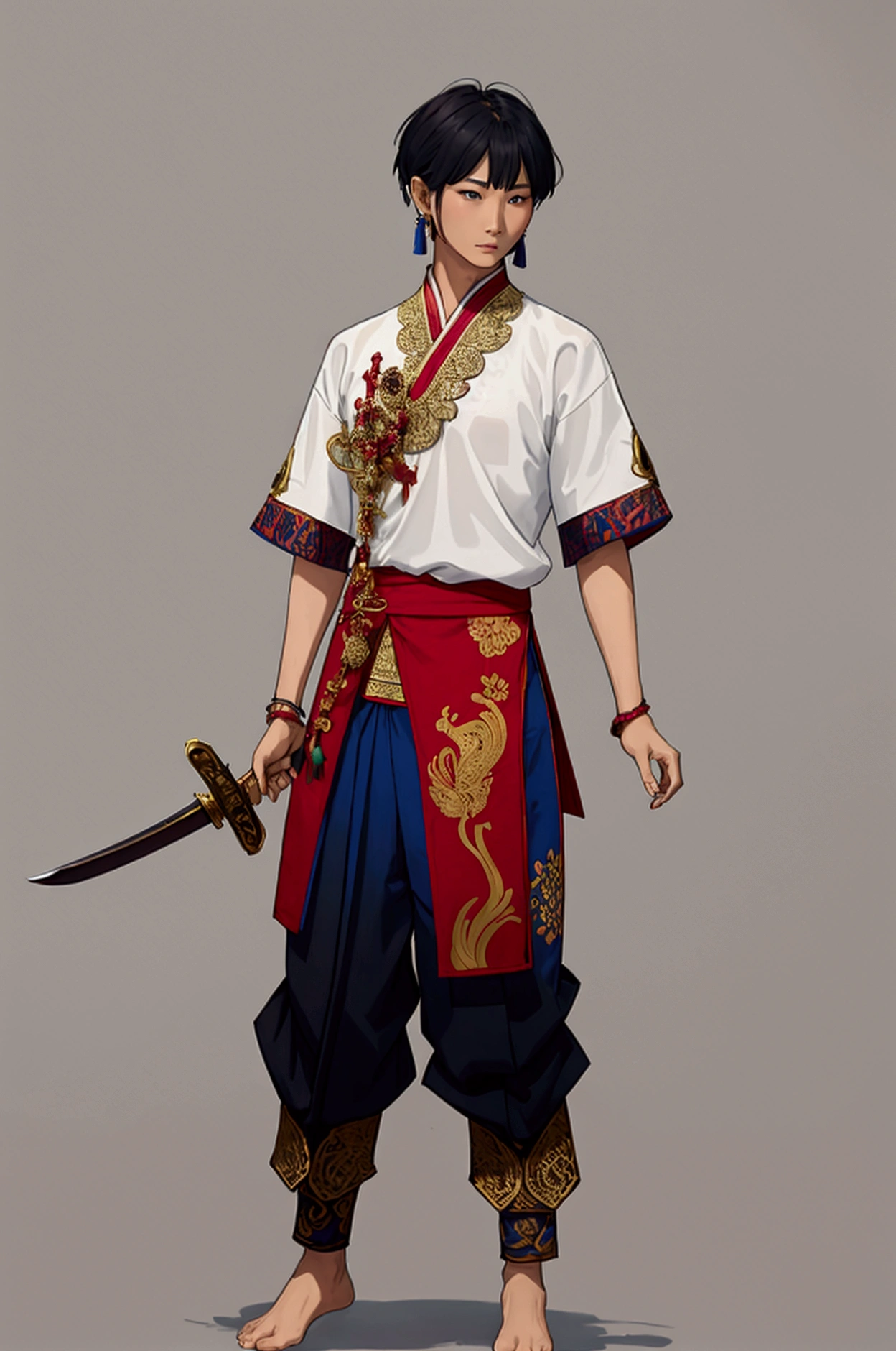 man,short hair,Thai dress, Thai shirt, maroon pattern,Blue chong kraben pants,Use black magic,No shoes while standing.Ancient Thai costume, holding a sword