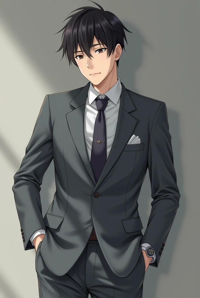 Japanese men,175cm、Wearing a grey suit、Cleanliness is important、