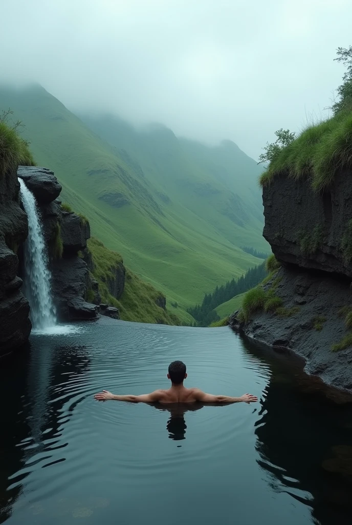 A man floats in a natural waterfall pool on a small
cliff, enjoying the serene view of the valley. The man is in the center of the picture, floating on his back in the water with his arms outstretched. He is looking up at the sky. The water is dark and still, reflecting the cloudy sky above. The small cliffs on either side of the natural waterfall pool are brown and rocky. In the distance, there are green hills covered with trees and a hazy sky. The overall atmosphere is tranquil and peaceful, with a sense of awe and wonder at the natural beauty of the scene. The man appears to be enjoying the quiet solitude of the moment. The photo conveys a feeling of serenity and freedom, as the man is completely immersed in the natural beauty of his surroundings.