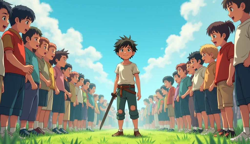 "A lively scene featuring a competition between two large groups of participants dressed in distinct colors. On the left, a crowd of people wearing normal clothes are positioned in rows, shouted face ready for action. On the right, another group dressed normal clothes mirrors their stance, shouted face suggesting a face to face challenge. At the center of the image, a
boy who has sword in hand ,dressed torn clothes , stands prominently in the foreground ,saw front. The backdrop shows a clear sky over an outdoor grassy field, with the entire composition giving a playful and energetic vibe, resembling a large-scale game show or competition."