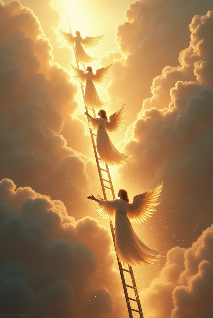 Male angels ascending and descending a ladder from heaven to earth