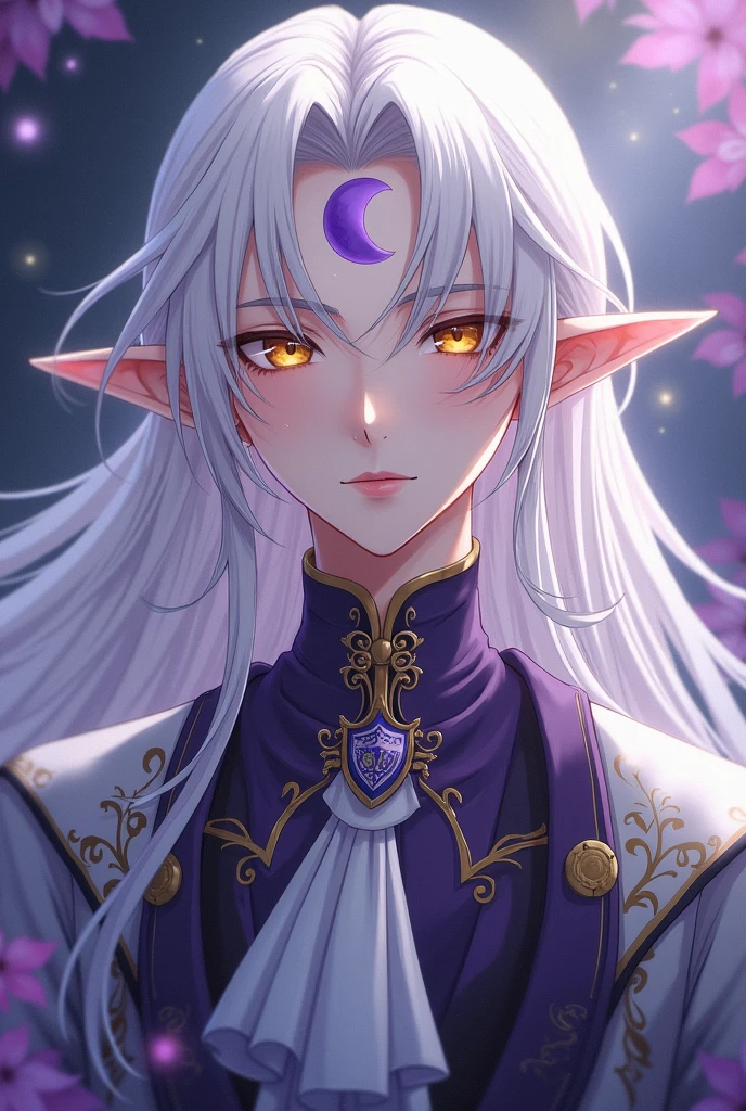Sesshomaru Taisho a very beautiful young man like a celestial elf with golden eyes and long platinum hair, She dresses in a Victorian style and has a purple waning moon on her forehead.
