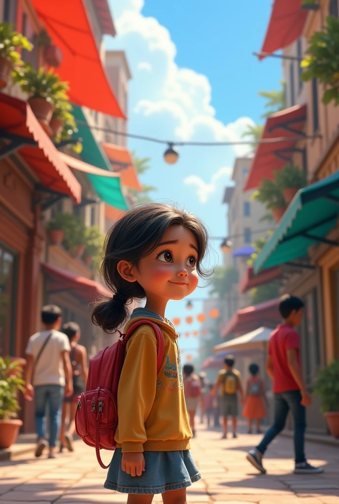 A young girl observing a diverse array of people and cultures in a vibrant, bustling city, with a sense of wonder and appreciation."Hyper-realistic, 8k,ultra HD, pixar style, Disney style, cinima 4d, ar 3:2
