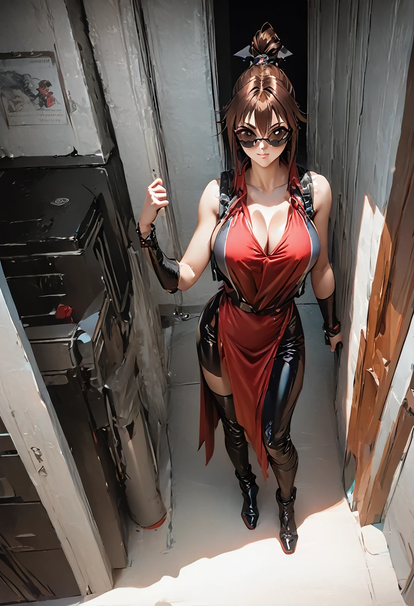 (((masterpiece) (((((best quality))))((high resolution))))), Very detailed, Ultra-realistic, )、、Lockersルーム、Red ninja costume、ponytail、Huge breasts、Lockers、sleeveless、((Poker face))、from above.Standing，Mai Shiranui，Mai Shiranui