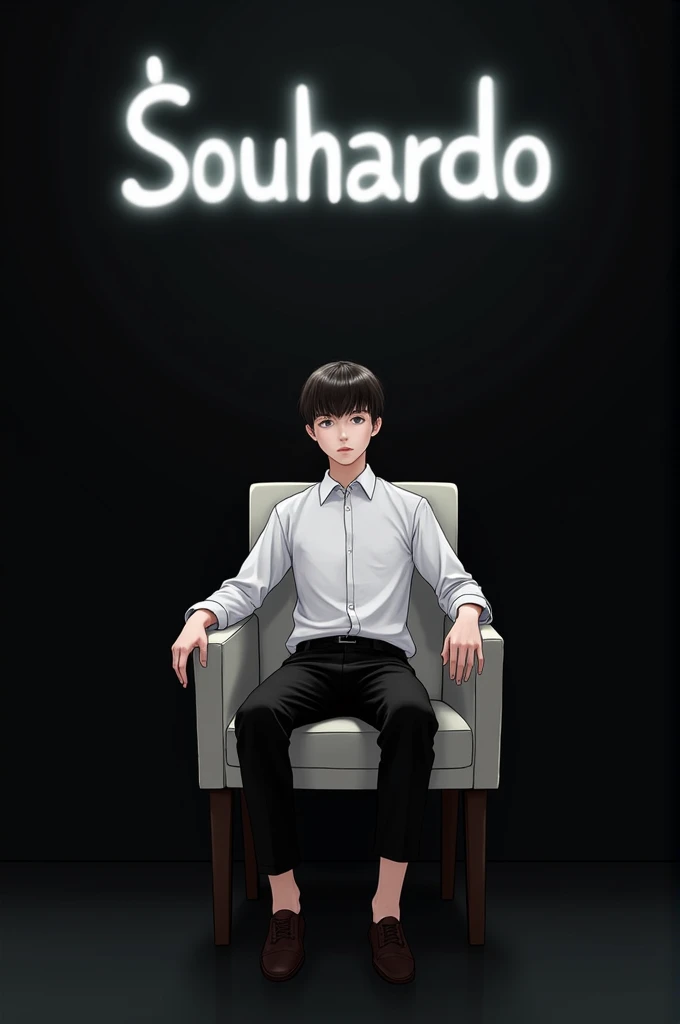 A boy sit in a chair ,his shart coller is white and his pant coller is black .In the chair bacgroun there is a black wall on the wall a name writen on neonlite , the name is "SOUHARDO"