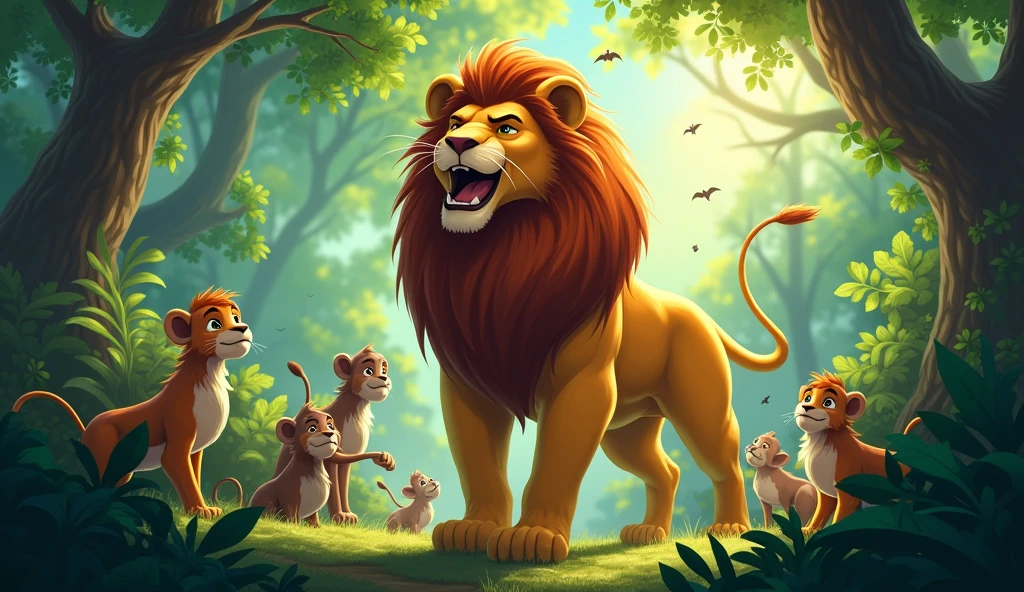 In the jungle, there’s a lion with a mighty roar,
He wakes up all his friends and they all want to explore,