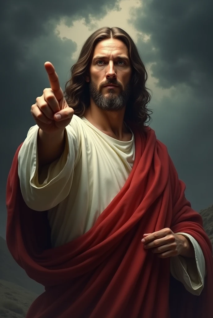 Jesus Christ with a serious look pointing his finger forward, with a dark sky in the background