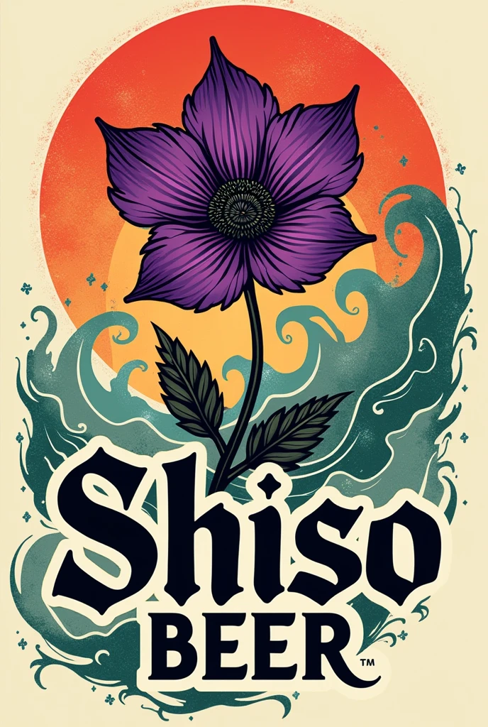 Create me a beer brand logo with the shiso flower, and textures of sea waves and Japanese sun with the name Shiso Beer gothic typography colors purple green red orange yellow and brown