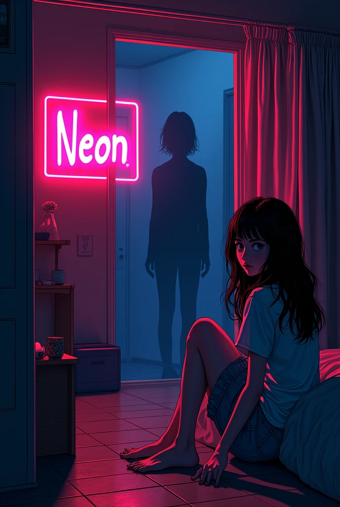 I want to draw the cover art for the new song of my band.
The song is call "NEON" and this is the idea for our the cover art:
"In the dark of the night a girl is sitting in her room and she can see in the other side of the apartment a strange silhouette that she can not understand if this is a real woman or a ghost.
In the wall of the room there is a big neon sign with the word "neon" and the ogo of the band".
The palette should be dark (primarily) and neon colours and all should be in style of golden age comic book.