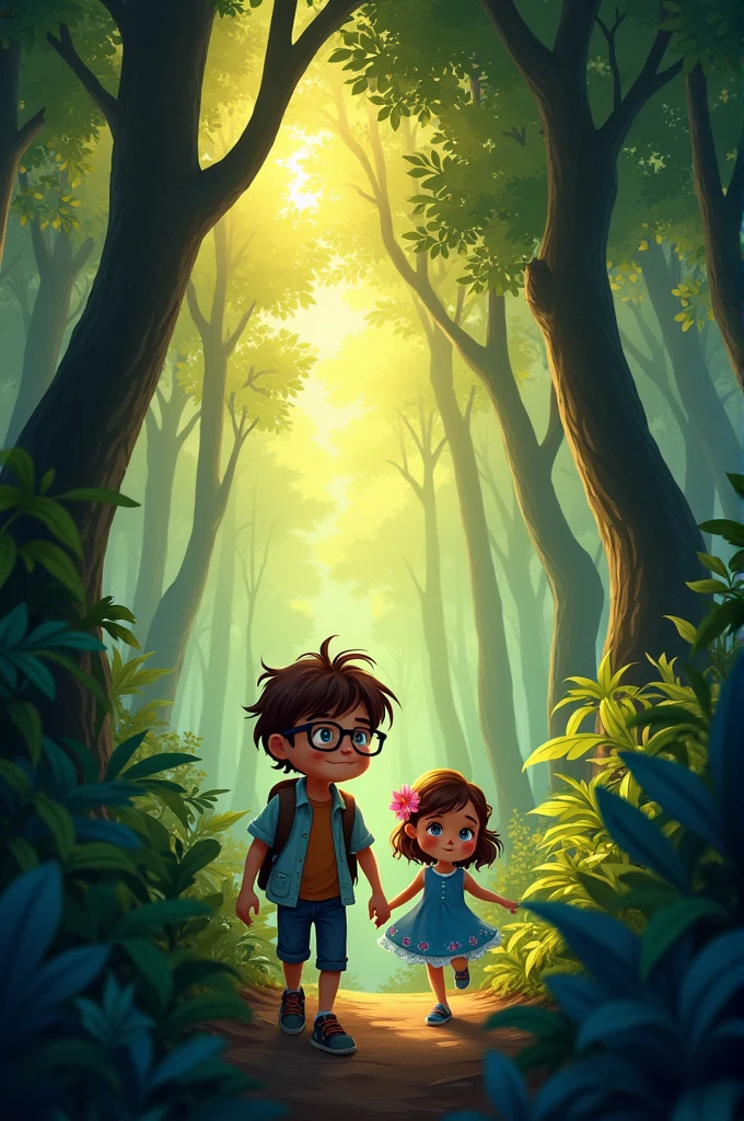 **Panel 1: The Forest Under the Setting Sun**
Description: A dense, magical forest with tall, leafy trees filtering the golden light of the sunset. The lush vegetation is in dark green hues. In the distance, the small figures of Ángel and Cielo can be seen running among the trees.
Ángel: A 9-year-old boy with brown, slightly wavy, and messy hair. He wears glasses that frame his bright blue eyes. He is dressed in casual clothes with scratches and bruises on his arms and legs, showing his adventurous nature.
Cielo: A 4-year-old girl with short brown hair that reaches just above her ears. She has a small pink flower in her hair. She wears a blue dress with tiny white floral dots.