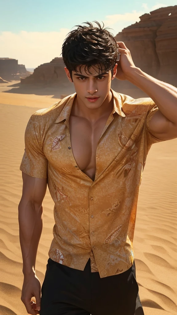 A handsome muscular man, solo, extremely perfect facial features, (face: Matthew Daddario), gorgeous, beautiful, wet, perfect eyes, sexy gaze, looking at the viewers romantically, perfect body, smooth skin, largest chest, wearing ((sandy print shirt and black pants), bulge:1.2), in a desert, sand all around, a sexy posture, model pose, moaning with pleasure, His (toned physique:1.5) is bathed in the soft glow, and a hot glow in his skin, creating an otherworldly aura. tanned skin, full body view, 