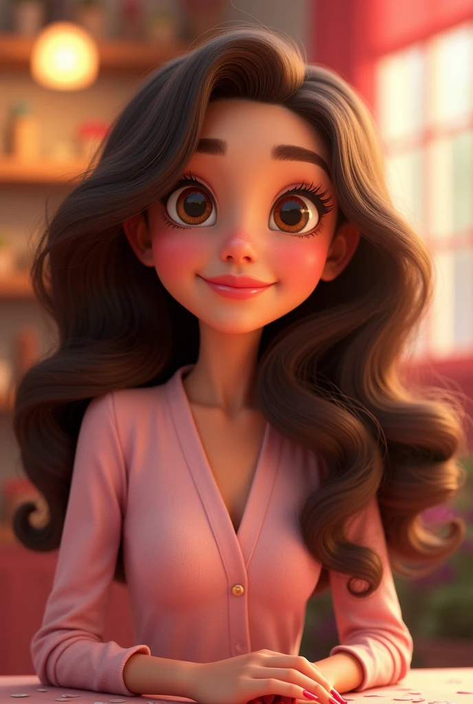 Manicurist pixar has long brown hair brown eyes and curly brunette 