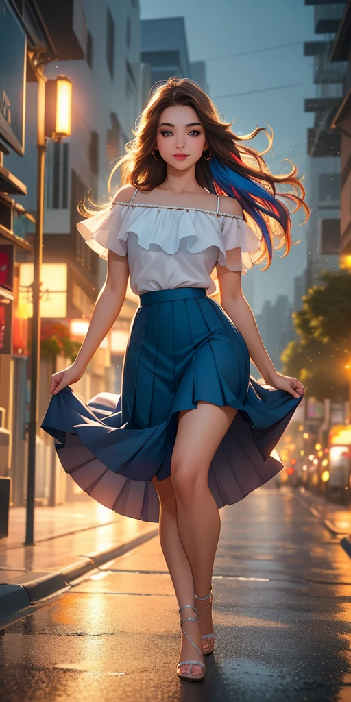 (best quality, ultra-detailed, photorealistic: 1.39), Face of  19 year old teenager, bright and vibrant colors, studio lighting, romantic expression, Long pleated skirt, beautiful top with straps, elegant makeup, long Multicolors hair flowing in the wind, attractive eyes, lips bright,  pose, beautiful roses, smiling confidently and seductively, posing for a professional photo shoot, shallow depth of field, soft natural lighting, creating a dreamy and magical atmosphere.walking down the street, night, fireworks in the sky