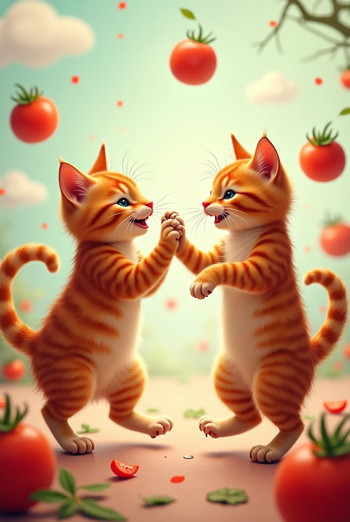 two cats dancing with tomatoes
