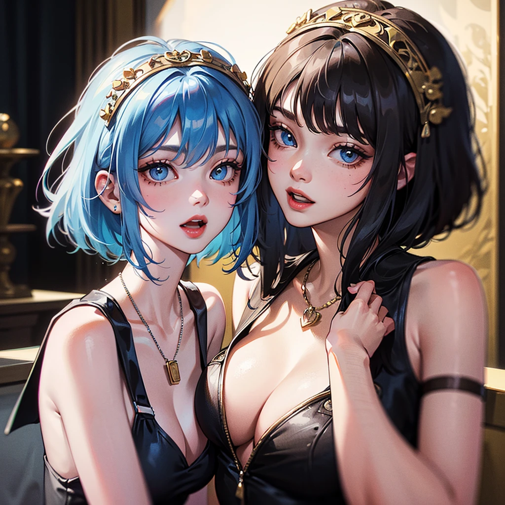 masterpiece, best quality, high quality, Very detailed CG uniform 8k wallpaper, 1 Girl, Solitary, Blue Hair, Tattoo, short hair, have, Jewelry, Smile, necklace, Looking at the audience, have, Practical, open mouth, teeth, Upper Body, Vest, nose, Bare shoulders, Artist Name, Black headdress, clavicle, arm Tattoo, blue eyes, Lips, Vague, painting, Award-winning photography, Bokeh, Depth of Field, HDR, bloom, Chromatic Aberration, realism, Very detailed, artstation intricate, High Detail, dramatic, midjourney's Artwork