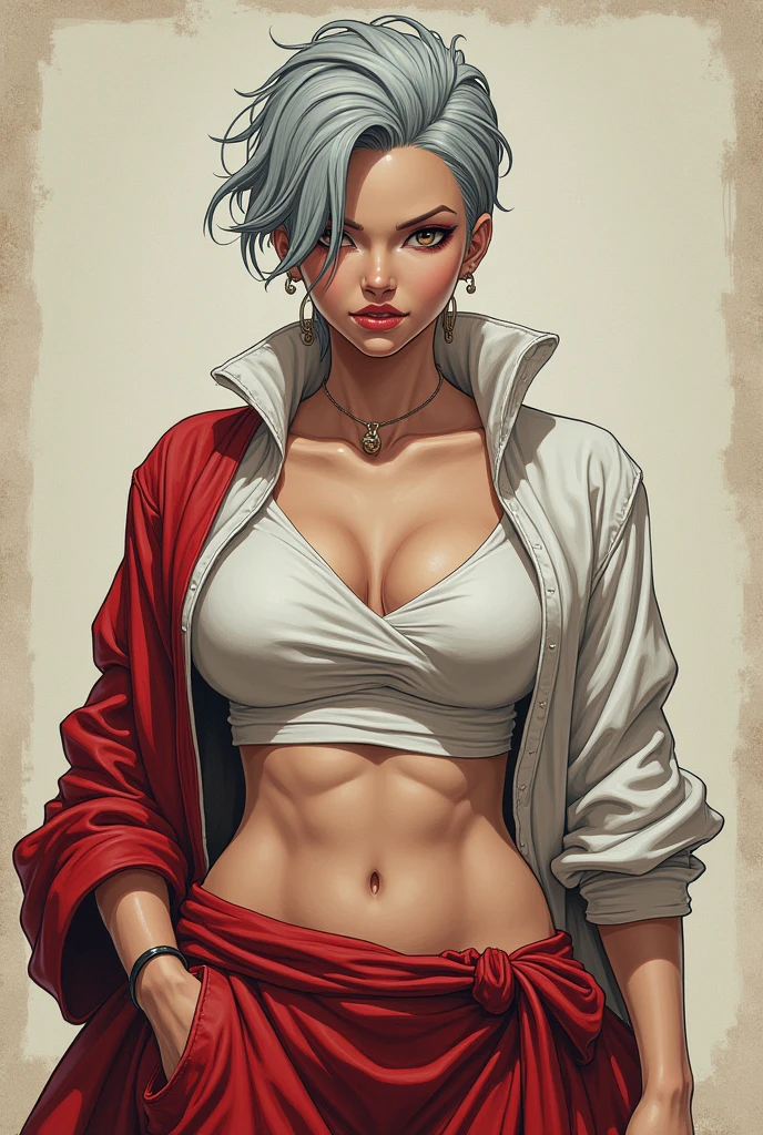 New one piece character, with a man's face and a woman's body, short gray hair, with small bust, white and luffy's clothes