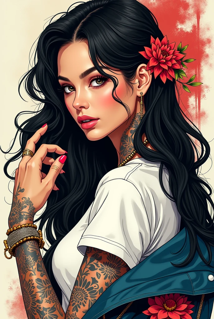 ::jae lee and yoji shinkawa  style ::2.0 comix illustration style,tatoon style ,  ashley alexiss  ,beautiful woman with long  hair ultra detailed, (beautiful and clear background:1.2),, fantastic paintings ,graffit style,  flowers, olhos altamente detalhados , a white t-shirt or dressed in a jaeans jacket mulher super detalhada no estilo anime , cabelos ultra detalhados com um leve efeito de brilho , olhos, boca, e nariz com super detalhe de fidelidade , corpo perfeito e ultra detalhado , roupa estilo futurista colante com efeitos de várias cores e estampas estilo tatuagem super detalhado e intricado , braceletes nos braços de grafiáto nas cores preto ,cinza e branco ultra detalhados , face séria e sensual , best quality, high quality, extremely detailed cg unity 8k wallpaper, hdr, trending on artstation, trending on cgsociety, high detail, art by midjourney