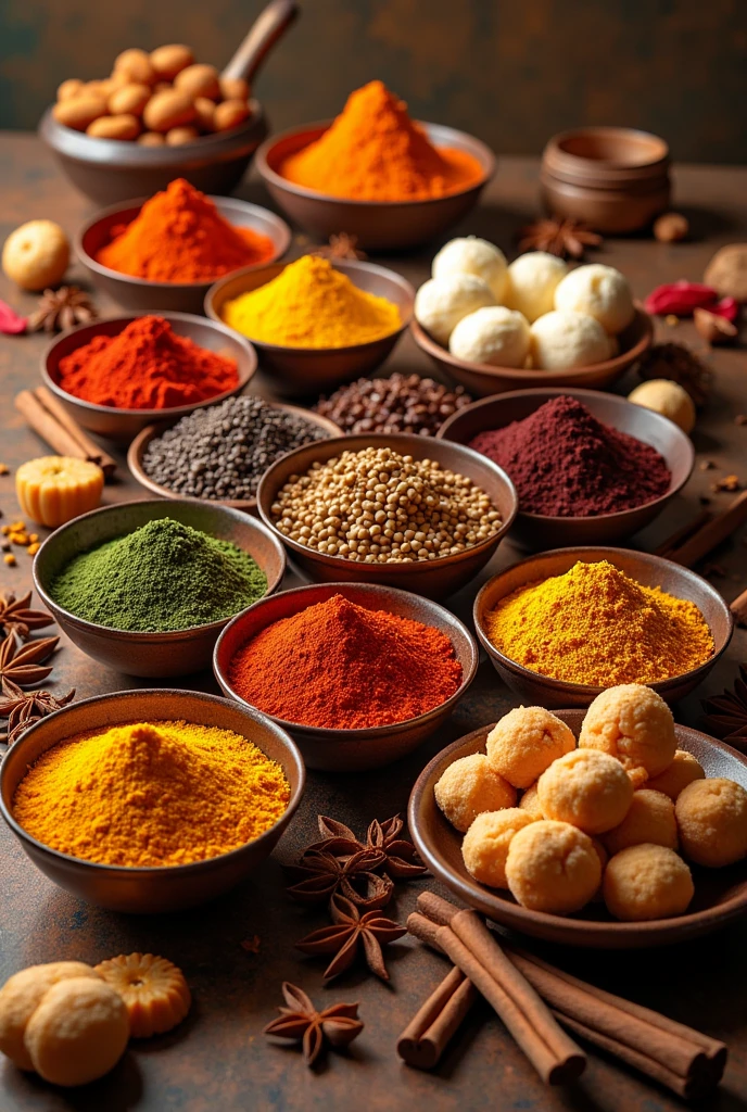 Traditional spices chilli powder, Turmeric, pepper, cloves , star anise, fennel, cinnamon bark and Traditional indian sweets laddu , gulab jamun , barfi , cookies and in the middle a big name tag says marhaba products