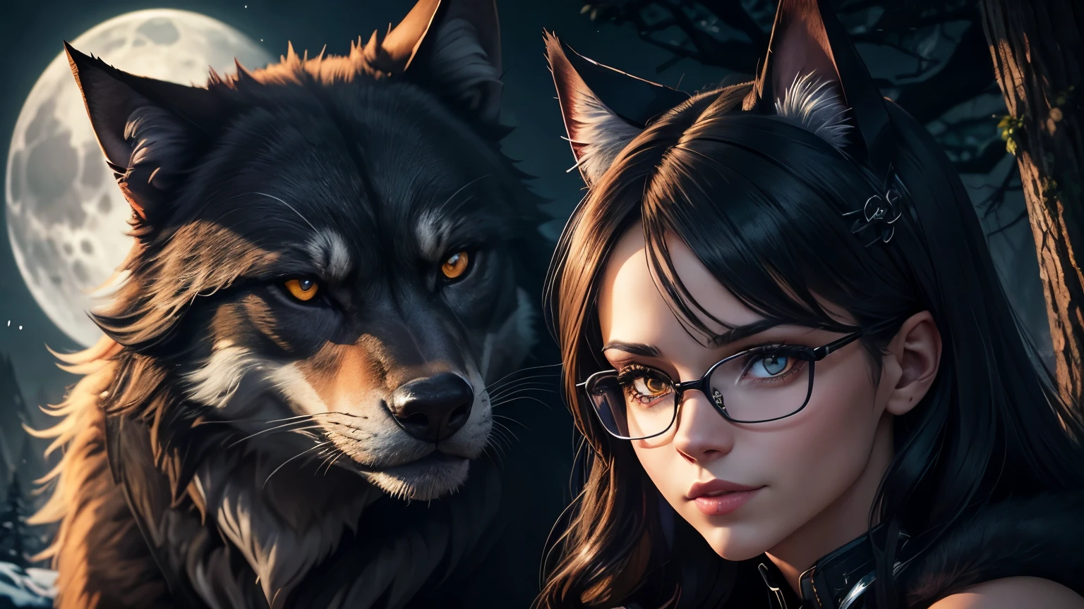 black dog,heterochromia,wolf fur,shiny fur,cat Woman,suspenders,Glasses,putters,friendly smile,leal pose,moonlit night background,dark and mysterious,moonlight shining on the characters,strong bond between the dog and the cat Woman,imposing werewolf appearance,Energetic and playful,Soft and fluffy texture,Contrast between darkness and light,Enchanted forest setting,fascinating eyes,Emotional connection between characters,majestic presence of the werewolf,dynamic poses,true company,detailed facial features,expressive eyes,curious and naughty cat,dark color palette with pops of vibrant colors,fierce but loving attitude of the werewolf,wonder and magic in the atmosphere,mysterious atmosphere,storybook scene,subtle but powerful intentions conveyed through the message,Best Quality,4k,High resolution,photorealistic,ultra detailed,Realistic lighting, vibrant colors.
