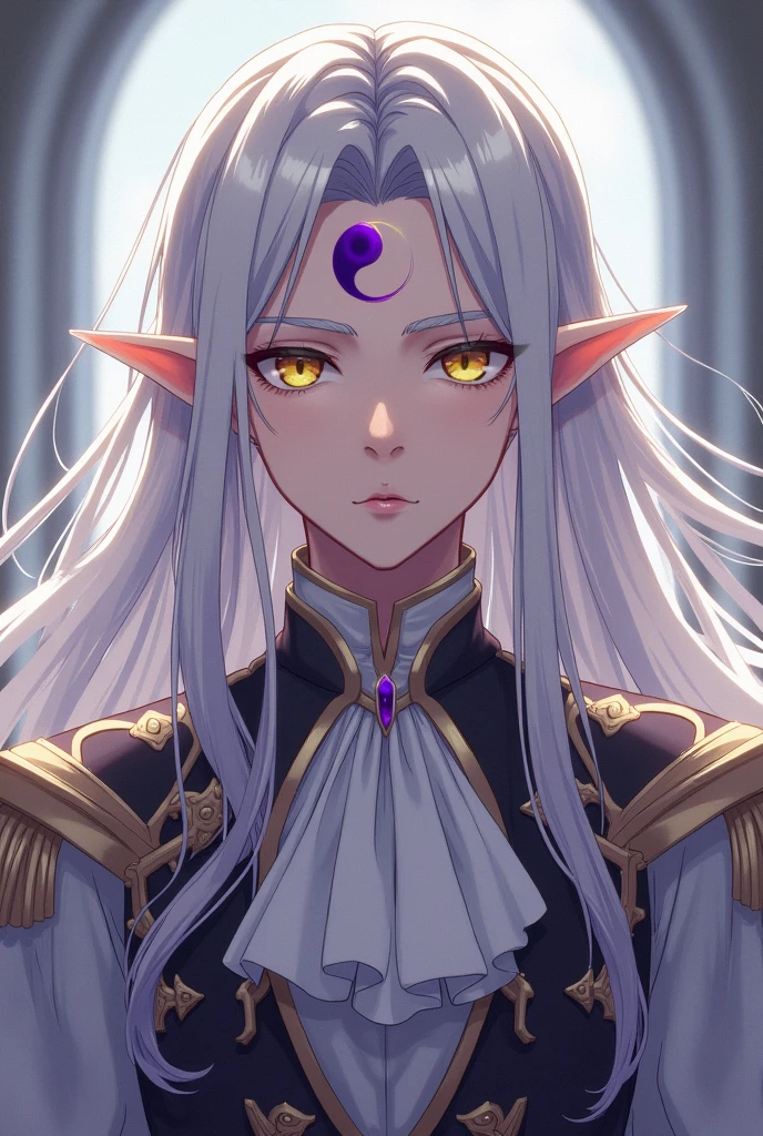 Sesshomaru Taisho a very beautiful young man like a celestial elf with golden eyes and long platinum hair, She dresses in a Victorian style and has a purple waning moon on her forehead.
