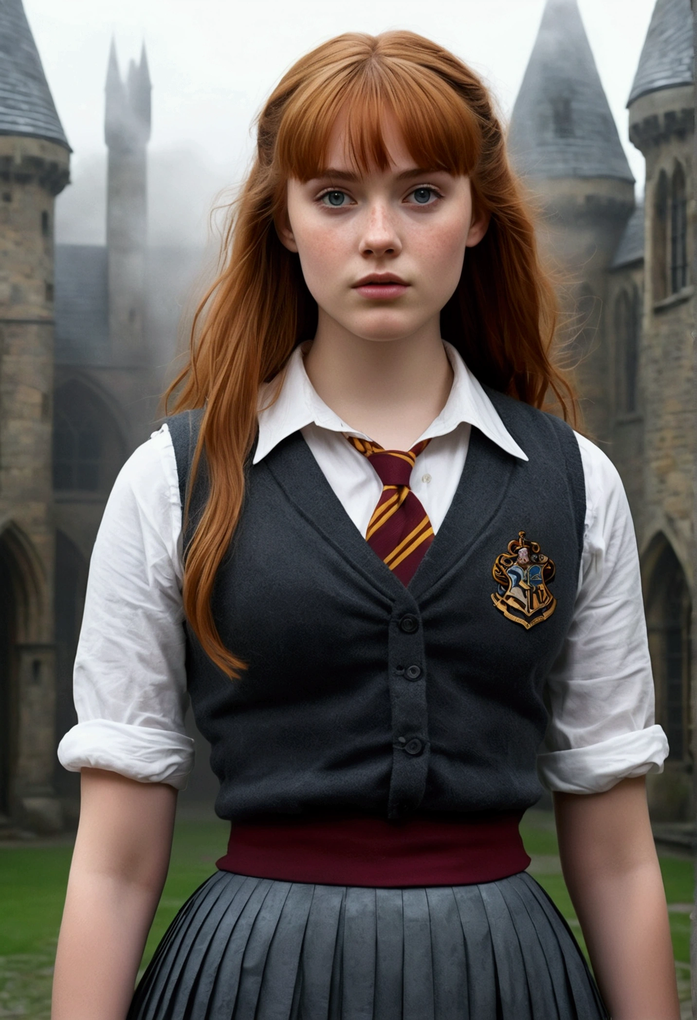 An illustrated movie poster, hand-drawn, full color, a teenage Hogwarts student, 18-years-old, female, wearing a charcoal vest and a pleated skirt, athletic hourglass figure, busty bosoms, full wide hips, massive round butt, long shapely legs, ridiculously thick powerful thighs, vibrant eyes, deep dark auburn hair, thick shaggy bangs, flushed sun-kissed complexion, freckles, resembles Deborah Ann Woll, standing in a foggy Hogwarts courtyard, surrounded by mist, graphite shading, stencil marks, airbrushed acrylic paint, masterpiece, close-up shot, in the style of the Deathly Hallows