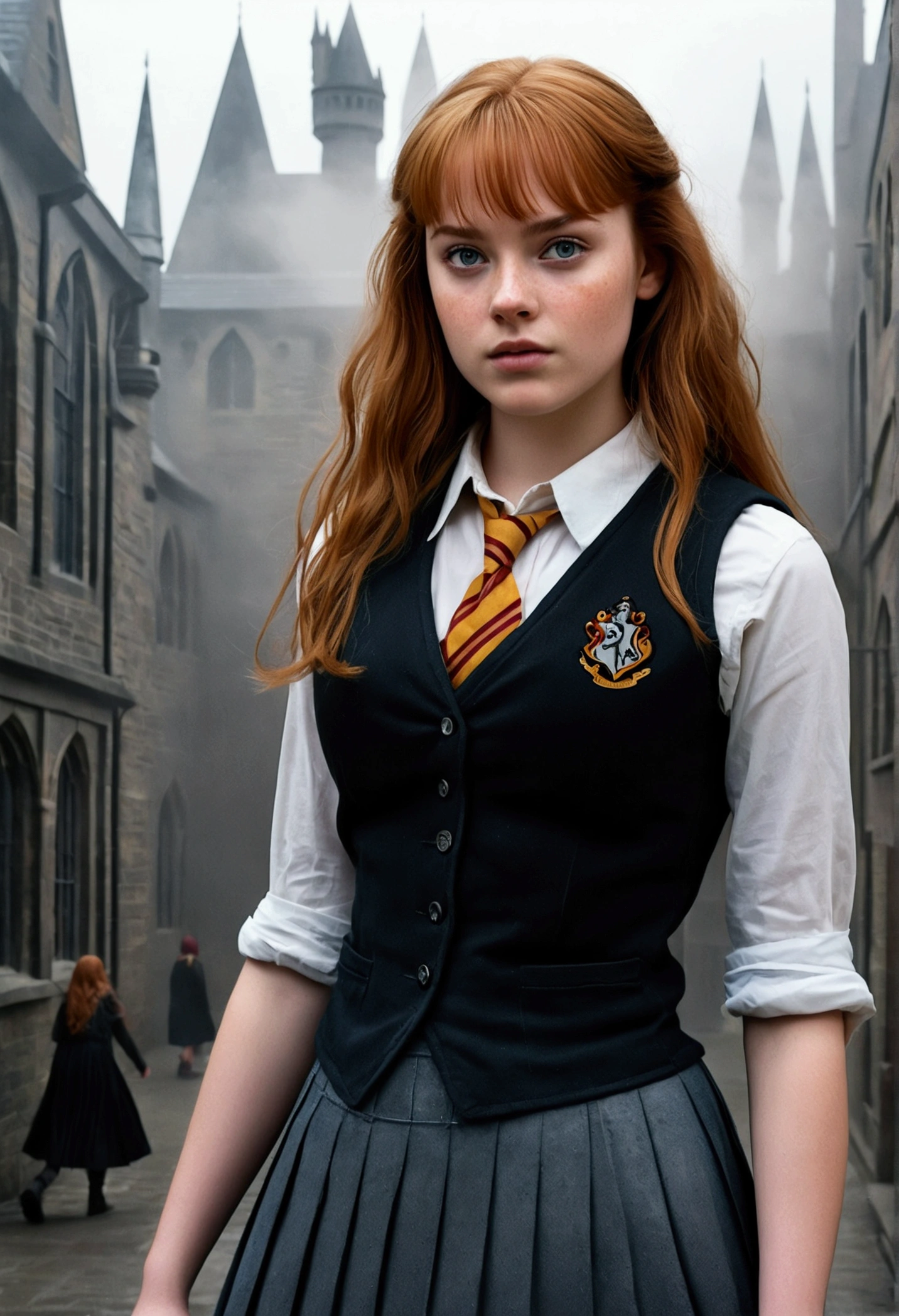 An illustrated movie poster, hand-drawn, full color, a teenage Hogwarts student, 18-years-old, female, wearing a charcoal vest and a pleated skirt, athletic hourglass figure, busty bosoms, full wide hips, massive round butt, long shapely legs, ridiculously thick powerful thighs, vibrant eyes, deep dark auburn hair, thick shaggy bangs, flushed sun-kissed complexion, freckles, resembles Deborah Ann Woll, standing in a foggy Hogwarts courtyard, surrounded by mist, graphite shading, stencil marks, airbrushed acrylic paint, masterpiece, close-up shot, in the style of the Deathly Hallows