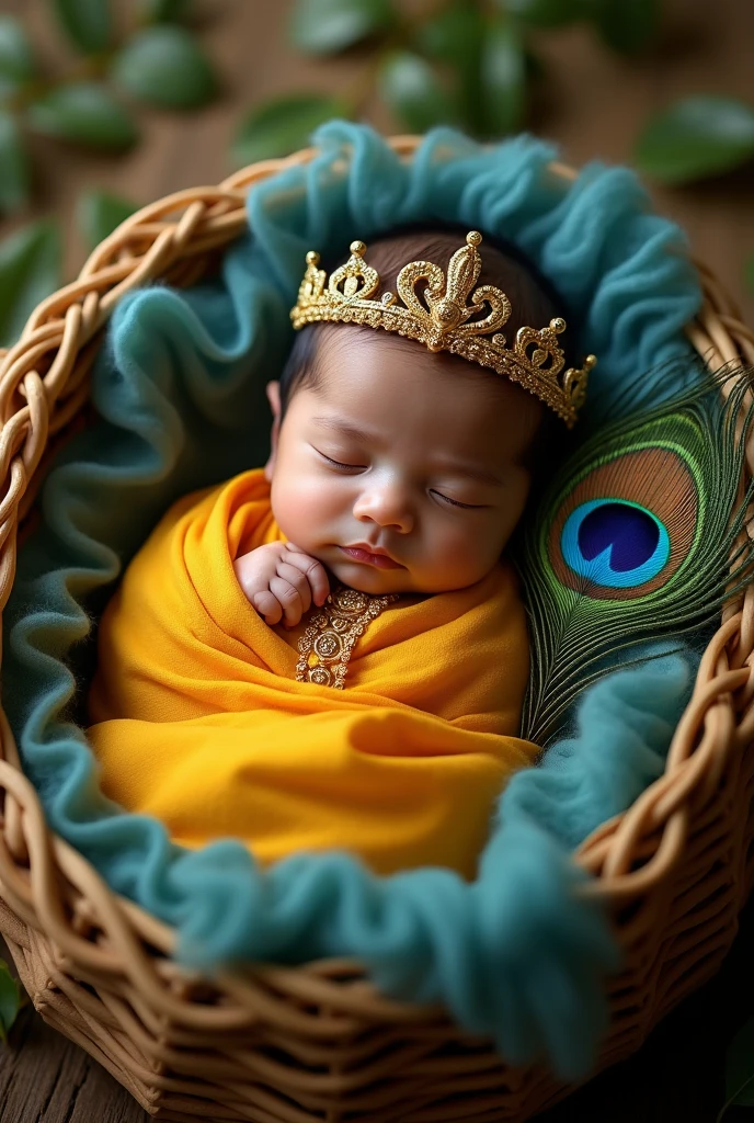 Create an image of a newborn indian baby boy being wrapped and placed in a cute, beautiful basket, has a crown in his head, very gently placed, a peacock feather lying besides him..divine and surreal picture..wrapped in yellow and blue silk cloth, with few gold jewelry