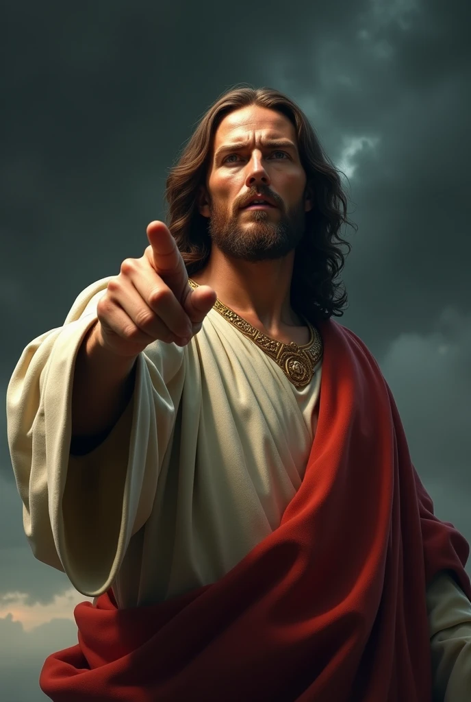 Jesus Christ with a serious look pointing his finger forward, with a dark sky in the background