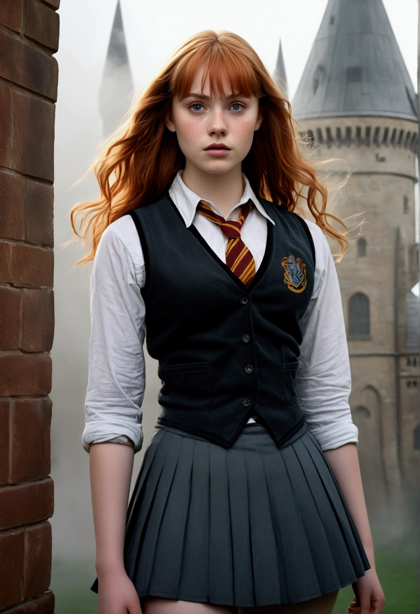 An illustrated movie poster, hand-drawn, full color, a teenage Hogwarts student, 18-years-old, female, wearing a charcoal vest and a pleated skirt, athletic hourglass figure, busty bosoms, full wide hips, massive round butt, long shapely legs, ridiculously thick powerful thighs, vibrant eyes, deep dark auburn hair, thick shaggy bangs, flushed sun-kissed complexion, freckles, resembles Deborah Ann Woll, standing in a foggy Hogwarts courtyard, surrounded by mist, graphite shading, stencil marks, airbrushed acrylic paint, masterpiece, close-up shot, in the style of the Deathly Hallows