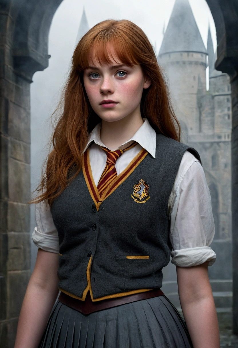 An illustrated movie poster, hand-drawn, full color, a teenage Hogwarts student, 18-years-old, female, wearing a charcoal vest and a pleated skirt, athletic hourglass figure, busty bosoms, full wide hips, massive round butt, long shapely legs, ridiculously thick powerful thighs, vibrant eyes, deep dark auburn hair, thick shaggy bangs, flushed sun-kissed complexion, freckles, resembles Deborah Ann Woll, standing in a foggy Hogwarts courtyard, surrounded by mist, graphite shading, stencil marks, airbrushed acrylic paint, masterpiece, close-up shot, in the style of the Deathly Hallows