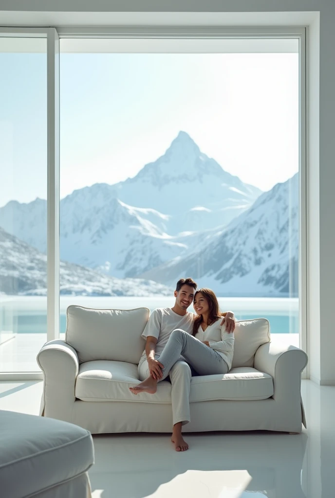 need a 9 by 9 photo where there is a white elegant living room where in the middle side a plain white wall with a yellow couch on the floor with a young happy relaxing couple and from the by the side windows there should be an ice mountain from the background which shows freshness and coolness
