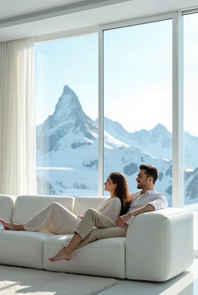 need a 9 by 9 photo where there is a white elegant living room where in the middle side a plain white wall with a yellow couch on the floor with a young happy relaxing couple and from the by the side windows there should be an ice mountain from the background which shows freshness and coolness