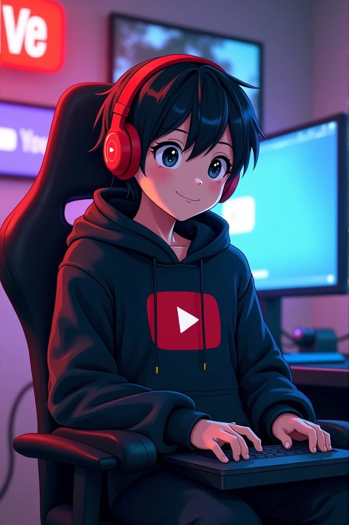 A anime boy wearing a black hoodie and a red headphone . The anime boy is sitting on a gaming chair . In the background there is some YouTube materials like logo and other . On the hoodie there is a YouTube logo .