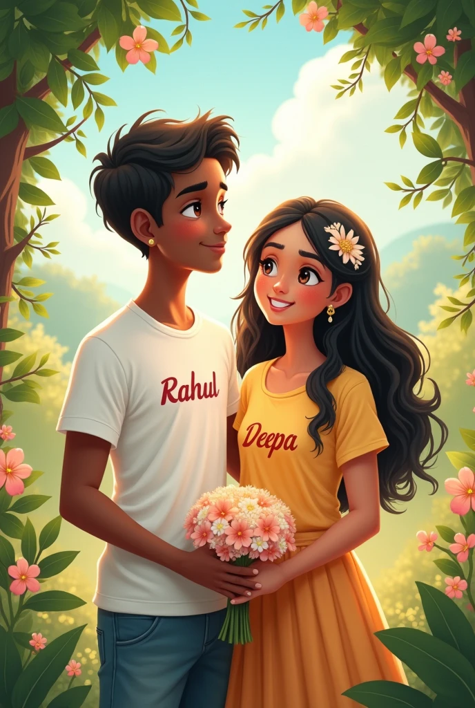 A 16 years little dark skin color boy wearing a t-shirt in which printed letter is "Rahul "
And boy is marriage with 16 years cute white girl whose t-shirt is print with letter "Deepa"at a centre of nature