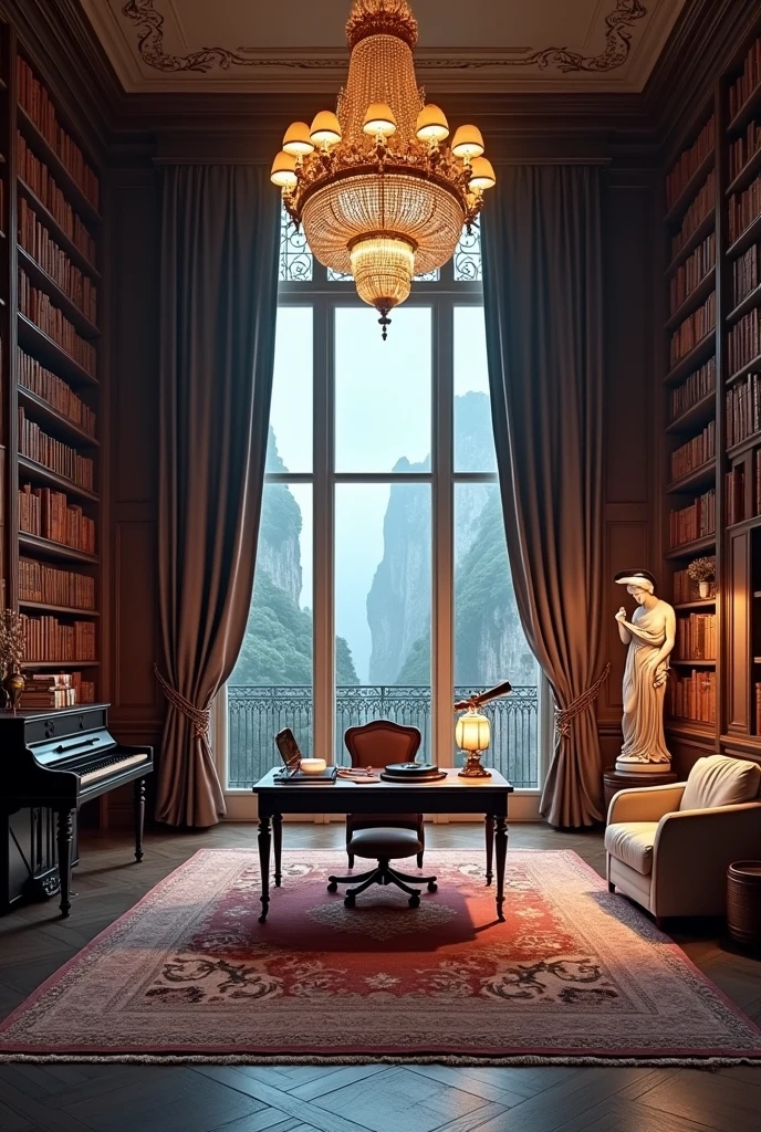 An image of a very large room with a classic romantic and modern style with many book shelves. And in the middle of the room there is a desk with a chair, On a piece of furniture there is a record player with a candle. There is a very large carpet on the floor.. On the right there is a sculpture of the goddess Aphrodite and on the left there is a piano. . And in the middle of the room there is a large window that takes you to a balcony with a telescope to look at the night sky full of constellations and stars.. On the ceiling of the room there is a large chandelier