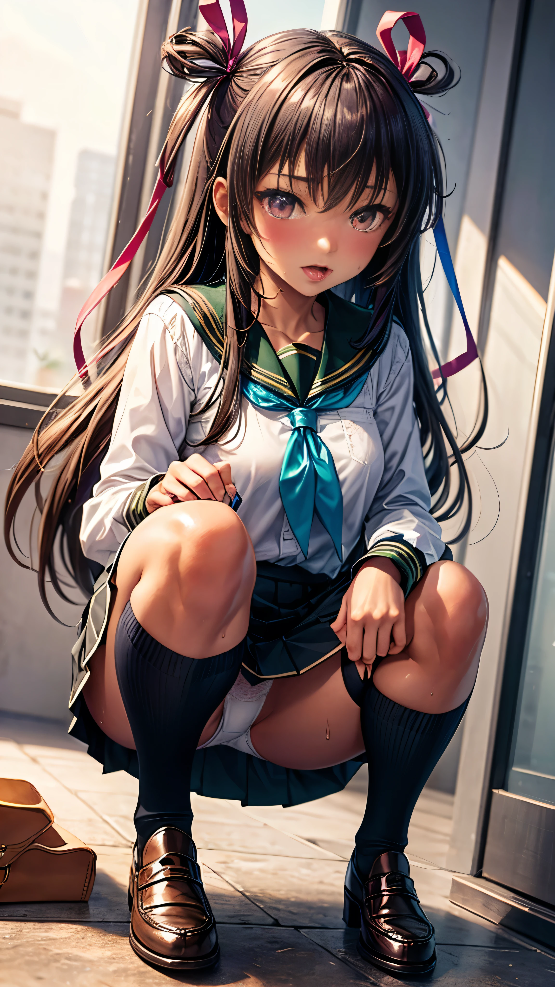 Highest quality,masterpiece,8k,One girl,Medium chest,orgasm,blush, Sweat,mini skirt,Lift up your skirt,Under the skirt,White panties,mizuki yukikaze,Hair Ribbon, Green Shirt, Seraphim, White neckerchief, Long sleeve, Pleated skirt, Black Skirt, Black knee socks, loafers,((squat,Leg spread:1.3))