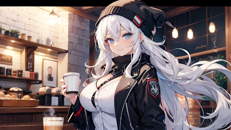 masterpiece, high quality, A pretty woman, Long hair, wavy hair, White hair, blue eyes, smiling face, big breasts, juicy breasts, Open shirt, short skirt, black jacket, black beanie hat, background of a coffee shop