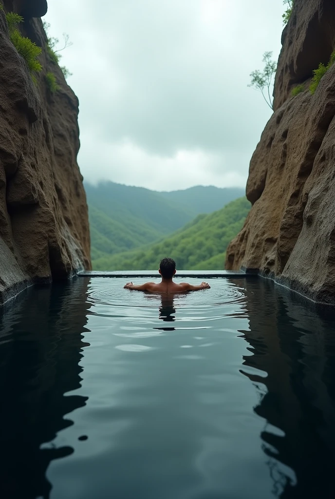 A man floats in a natural pool on a cliff, enjoying the serene view of the valley. The man is in the center of the picture, floating on his back in the water with his arms outstretched. He is looking up at the sky.  The water is dark and still, reflecting the cloudy sky above. The cliffs on either side of the pool are brown and rocky. In the distance, there are green hills covered with trees and a hazy sky. The overall atmosphere is tranquil and peaceful, with a sense of awe and wonder at the natural beauty of the scene.  The man appears to be enjoying the quiet solitude of the moment. The photo conveys a feeling of serenity and freedom, as the man is completely immersed in the natural beauty of his surroundings. 
