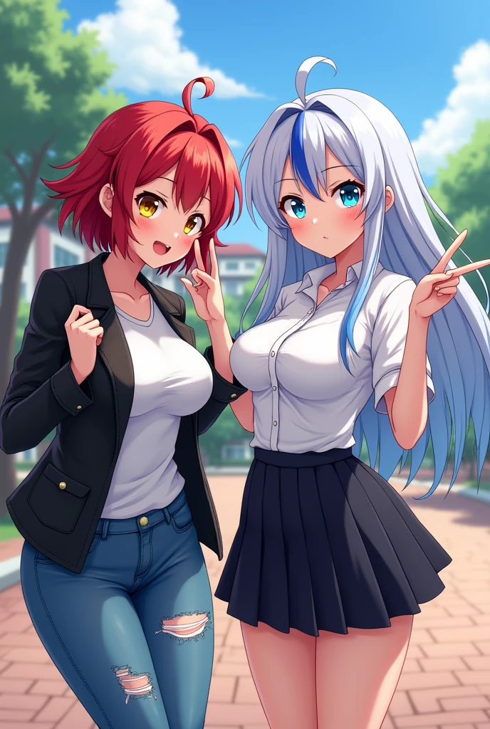 2 girls, busty, schoolyard, BREAK (masterpiece:1.2), best quality, high resolution, unity 8k wallpaper, (illustration:0.8), (beautiful detailed eyes:1.0), extremely detailed face, perfect lighting, extremely detailed CG, (perfect hands, perfect anatomy), (1 girl, busty, with short red hair and yellow streaks, yellow eyes, black leather jacket, white t-shirt, torn jeans, mischievous smile), (1 girl, busty, with long straight white hair with blue streaks, light blue eyes, white blouse, black pleated skirt, cold face), sharp and sexy anime style