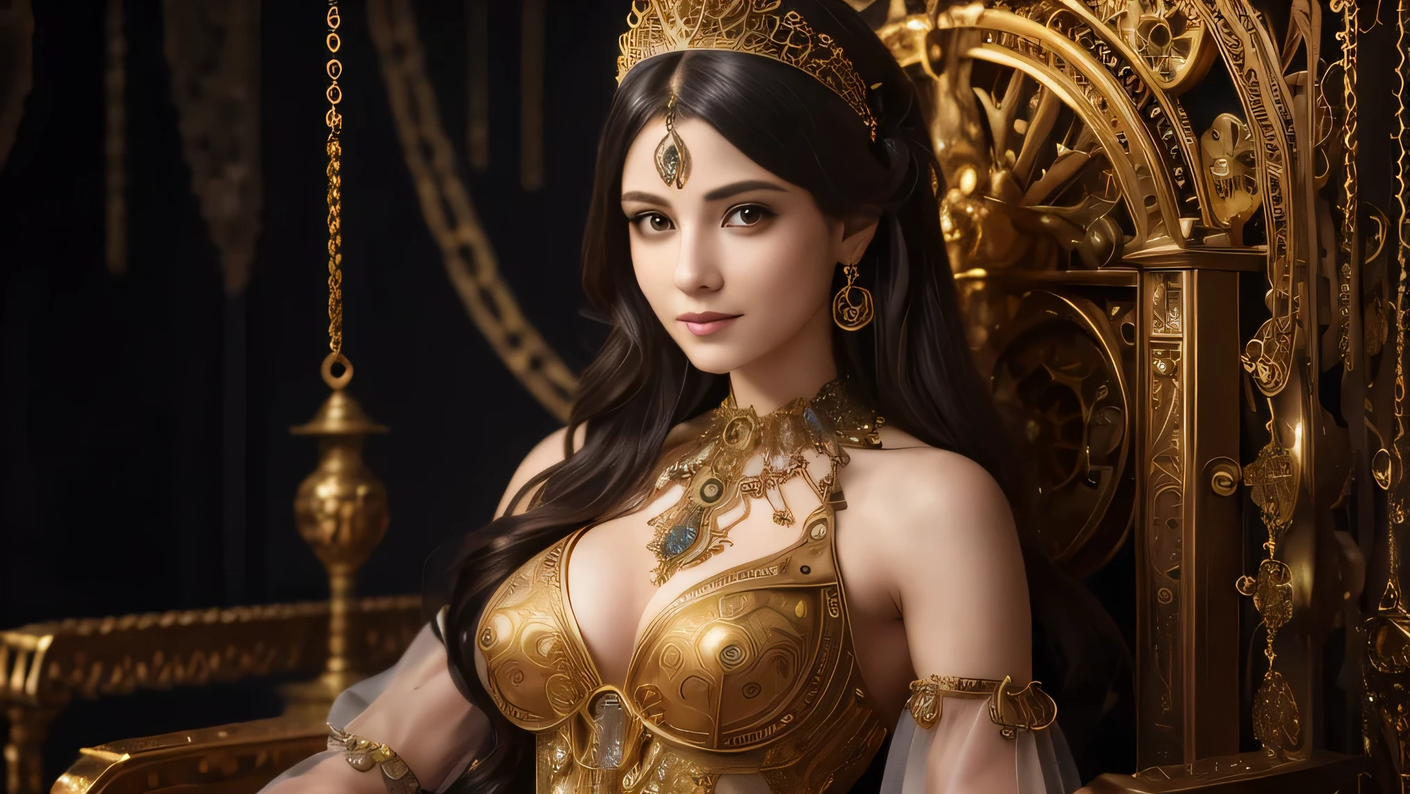 Steampunk Princess, detailed face, (extremely detailed intricate mechanical necklace and tiara on girls neck :1.2), made out of gold, made out of black steel, (shiny:1.1), lot of gears, glassy, (sitting on throne of gears), intricate detail, best quality, natural lighting, bioluminescence lights, golden gears in background, long messy hair, intricate clothing, golden gears clothing, grinning, tilted head, golden detailed eyes, bright eyes, intricate hair, intricate clothing, small breasts, upper body portrait