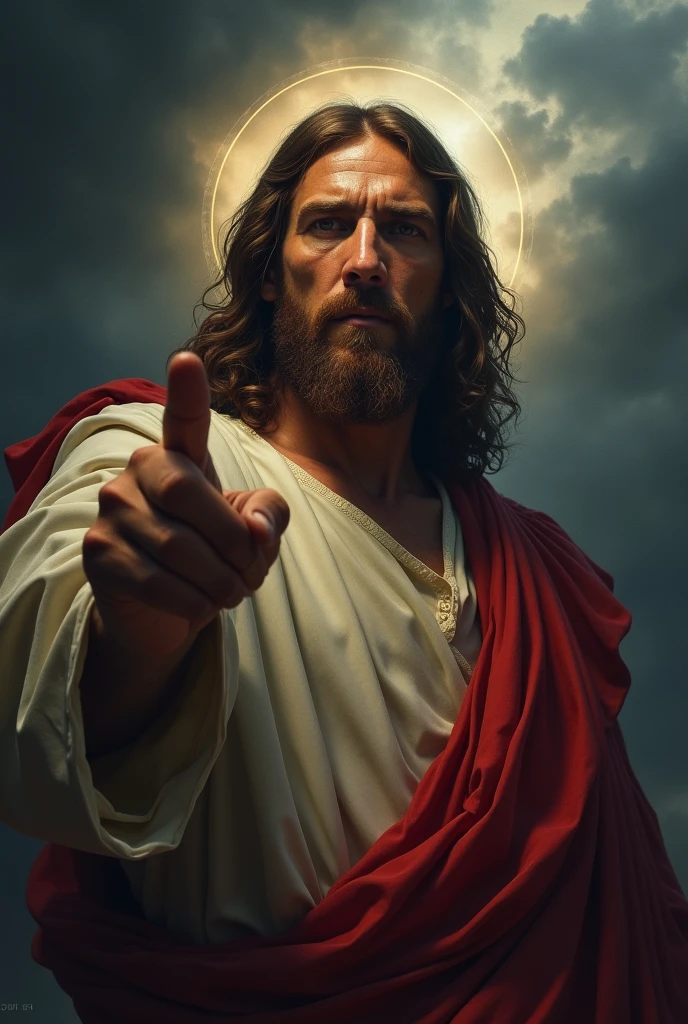 Jesus Christ with a serious look pointing his finger forward, with a dark sky in the background