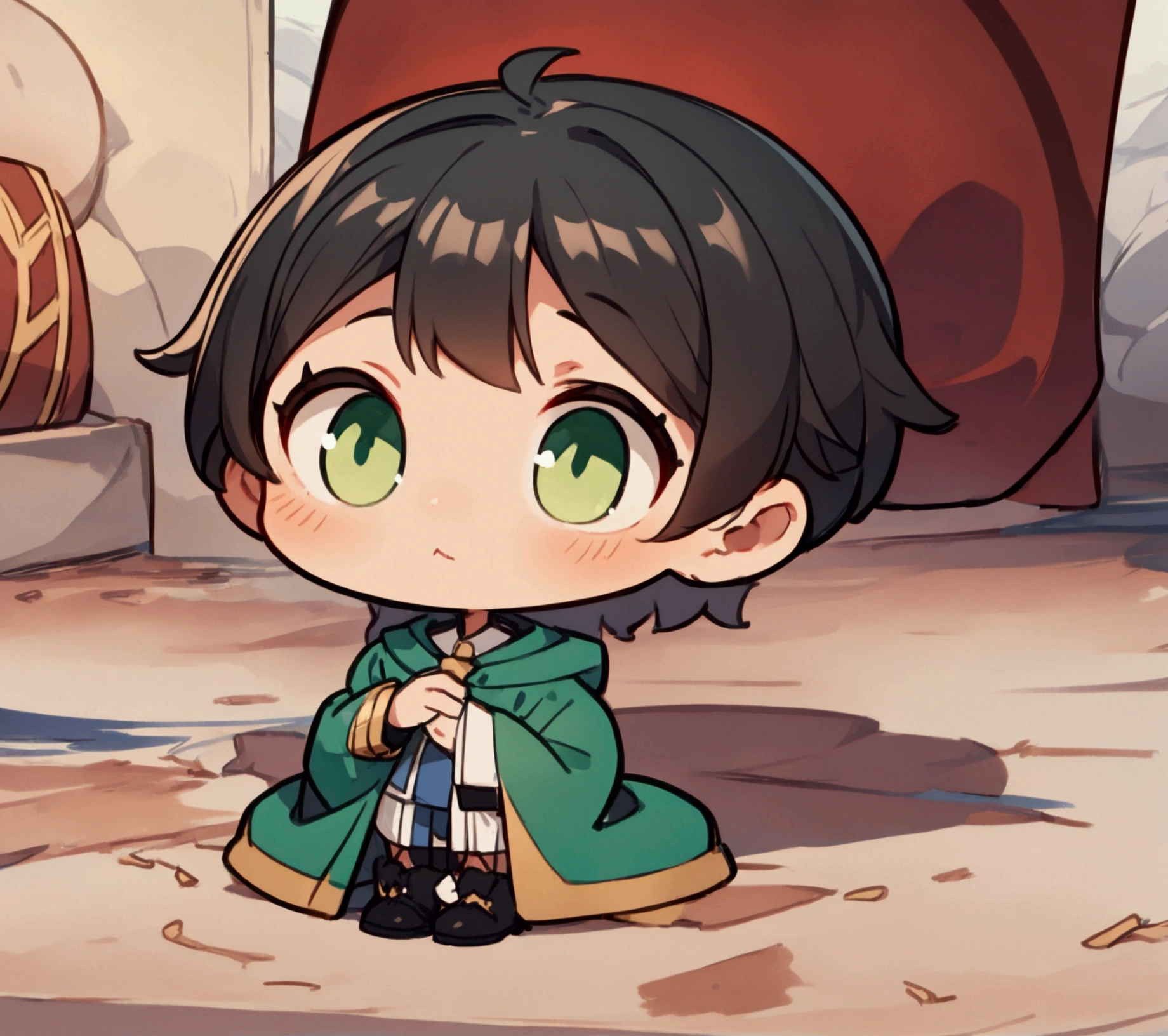 Chibi, boy, short dark brown hair, big green eyes, wearing black and red jester outfit, Face with a mischievous and curious expression, ((Intricate anime character design inspired by Ousama Ranking)), ((Stunning lighting)), ((Fine lines)), ((Stunning focus)), ((Stunning face)), ((Detailed focus)), ((Detailed background)), ((Ultra-fine 2D design)), ((Background full of creativity)), ((2D masterpiece)), ((Best quality), ((8K)), ((Anime style))
