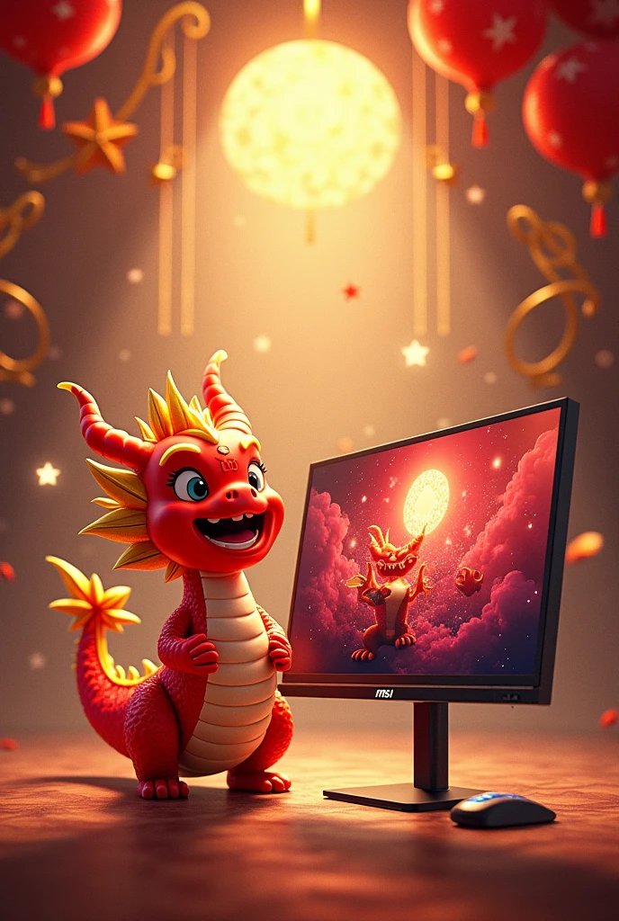 an anniversary birthday card featuring MSI Lucky and dragon MSI  Lucky , MEG 342CQD-OLED monitor