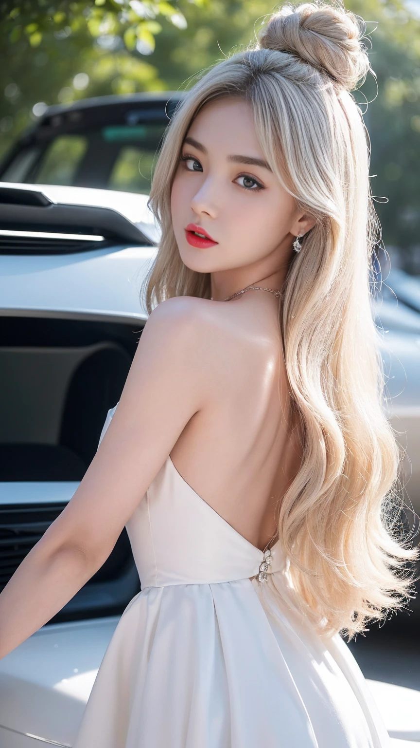 ((Circuit、Stand in front of the car))、 ((Black spaghetti shoulder wedding dress))、((Diamond necklace))、(Rear view)、(Looking Back),High quality work、Live action、Super premium graphics card、8K HD CG 作品、High-quality graphics、HD CGワークス、10xピクセル、Ultra-fine detailss:1,2,3,4,5,6,7,8,,10x。 HD CG、10x画素、Ultra-fine details:1. 1,Advanced technology:1.1 フォトreal,Natural light:1.5、((bun hair)、((Sports Car))(bride)、Sparse eyebrows、high nose、Clean red lips、Rosy Cheeks、Light makeup face、Cute face、Perfectly balanced face、Light-colored foundation can enhance the transparency of the skin.、((mix4、Racing queen))。40,000, photo, on the table, best quality, Snow background, ((1. Beautiful eyes and blond hair, White skin, gentlemen.々A posture, (Medium size breasts,:1.1), best quality, on the table, Ultra-high resolution, (real:1.4), RAWphoto, (Perfect body), (Slim:1. 3), Slimな腹部, 完璧なSlim体型, Dynamic poses, one person, Cold light 12000K, 顔と肌の質感がvery good, Fine particles, realな目, 美しいFine particles, (realな肌), charm, Ultra-high resolution, Surrealism, very good, very good,Top quality work、Genuine works、Super premium graphics card、8K HD CG works、High-quality graphics、HD CG作品、10xピクセル、Ultra-fine details:1.1、Advanced technology詳細:1. 1 张正版photo、(Take a walk in the park)Natural light:1.5.Lighting Effects(Virtual Lighting Effects:1.8)、Wet Long Silver Hair、Silver Hair、Transparent hair、Highly detailed hair(High-quality hair details:1. 1)Clear eyes、Beautiful double eyelids、Sharp eye makeup、Delicate eyelash makeup、Sparse eyebrows、AttentiontoDetail、high nose、Beautiful red lips、Red face、Exquisite makeup、Cute face、Perfectly balanced face、