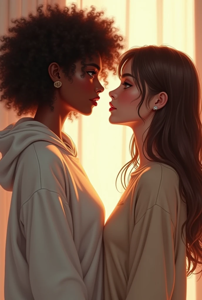 Two girls looking at each other with loving tension,One with well-defined brown curls wearing a loose sweatshirt and dark skin, and the other with white skin and shoulder-length brown straight hair wearing a top.